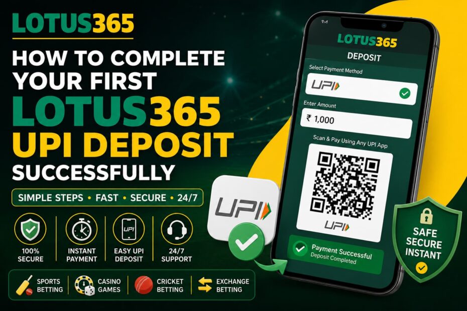 Lotus365 UPI deposit guide showing secure payment steps and successful first account funding