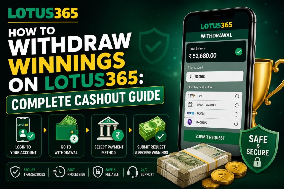 Lotus365 withdrawal guide showing secure cashout process, payment methods, and winning withdrawal steps