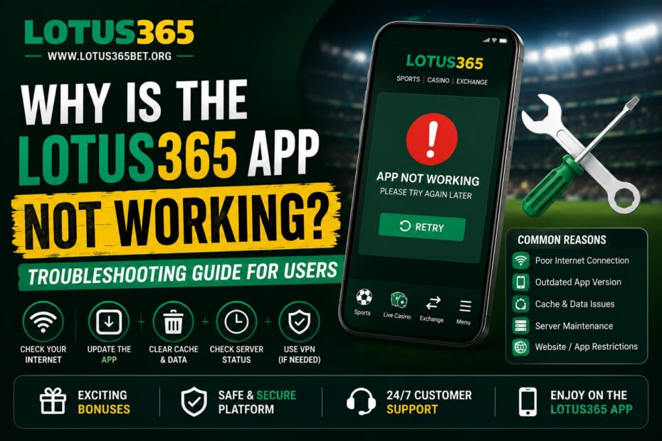Lotus365 App troubleshooting guide showing mobile login, update, and connection fixes for users