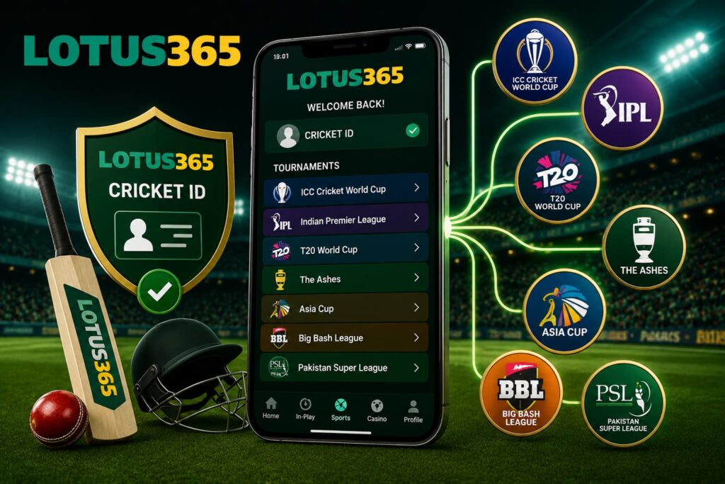 Lotus365 Cricket ID showing access to multiple cricket tournaments from one account