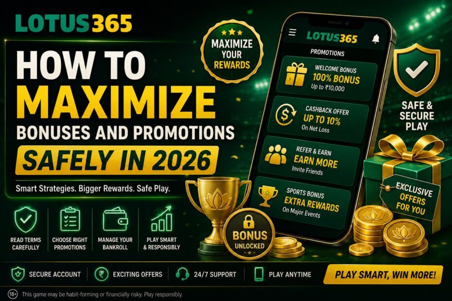 Lotus365 promotions guide showing bonus offers, cashback rewards, secure account management, and responsible betting tips