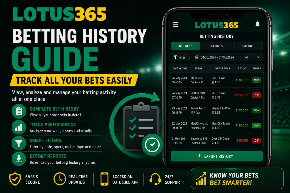 Lotus365 betting history dashboard showing past bets, betting records, account activity, and performance tracking