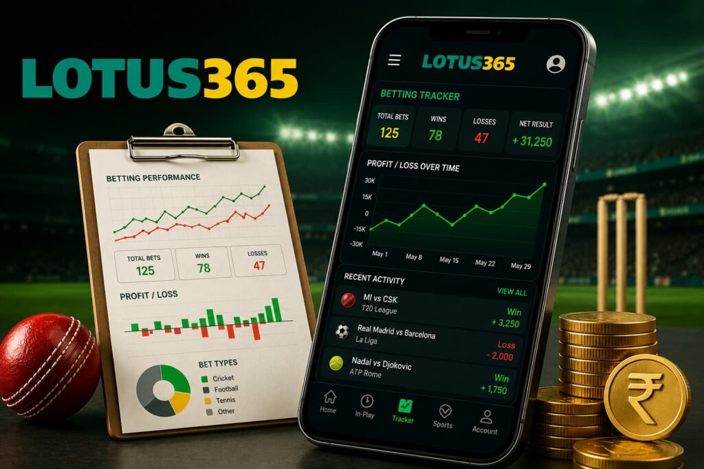 Lotus365 Betting Tracker showing wins, losses, betting history and profit-loss performance