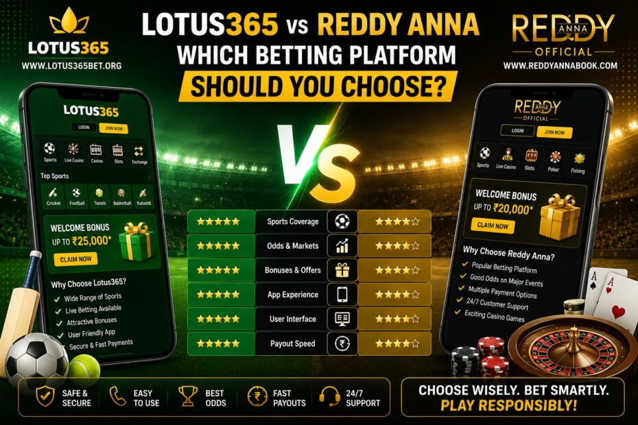 Lotus365 vs Reddy Anna comparison showing sportsbook features, promotions, mobile betting, and platform comparison